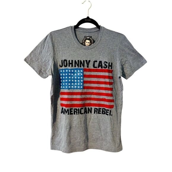 Johnny Cash American Rebel Small t-shirt grey red blue poly cotton rayon soft - Picture 1 of 11